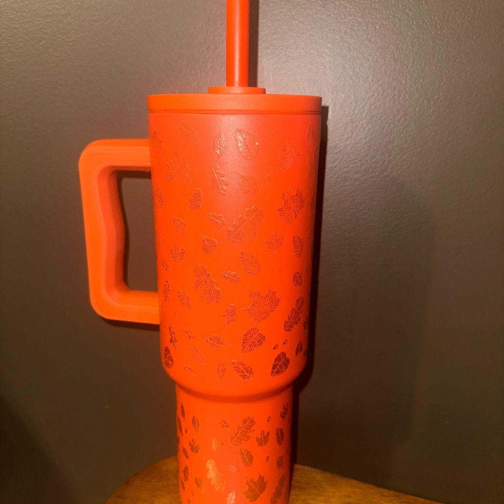 Vibrant Orange Leaf-Design Tumbler with Straw